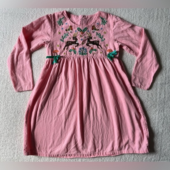 Pink Corduroy Dress w Applique Forest Animals. Deer Birds Mushroom. Girl sz 7 - Picture 1 of 6